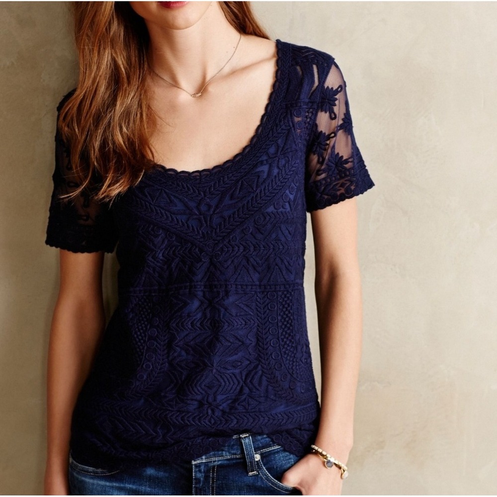 Anthropologie Meadow Rue Navy Blue Lace Sheer Geometric Scoop Neck Top Medium